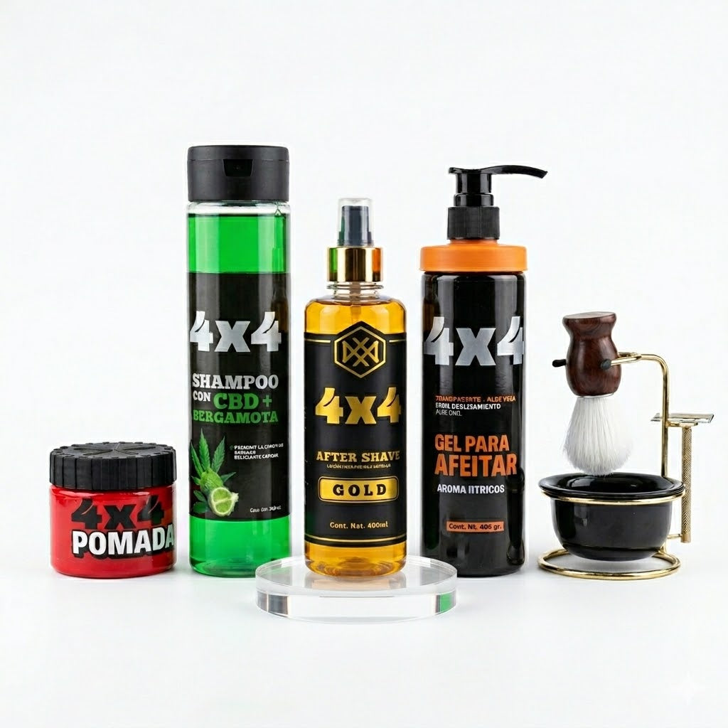 COMBO BARBER 4X4 SHAMPOO CBD + POMADA + AFTER SHAVE + GEL PARA AFEITAR + KIT DE AFEITADO