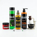 COMBO BARBER 4X4 SHAMPOO CBD + POMADA + AFTER SHAVE + GEL PARA AFEITAR + KIT DE AFEITADO