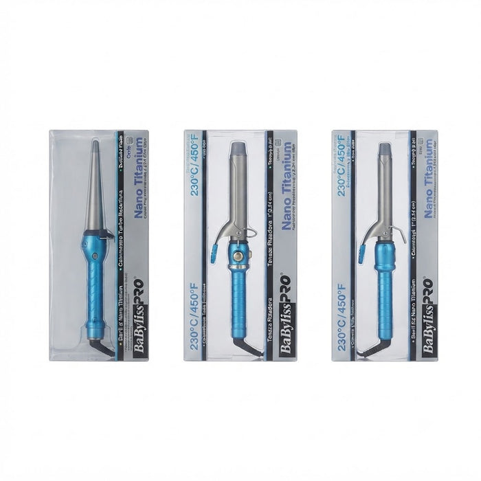 Combo BaByliss Tenazas Rizadoras 3/4" + 1/2" + Ferro Cónico 1¼" Nano Titanium