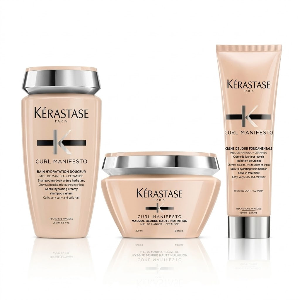 KÉRASTASE CURL MANIFESTO BAIN HYDRATATION DOUCEUR 250 ML + MASQUE BEURRE HAUTE NUTRITION 200 ML + CRÈME DE JOUR FONDAMENTALE 150 ML
