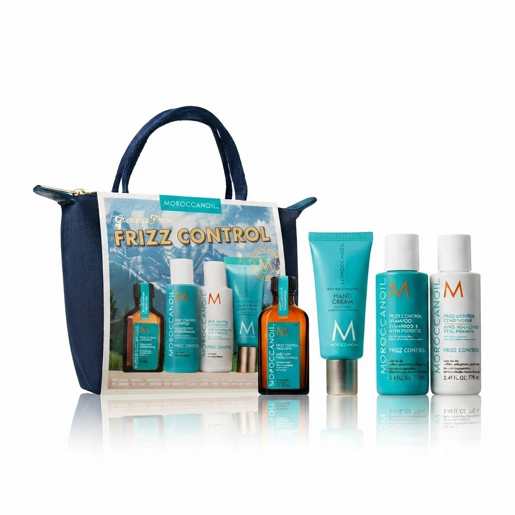 Kit Moroccanoil Frizz Control | Shampoo, Acondicionador, Tratamiento, Crema de Manos y Cosmetiquera