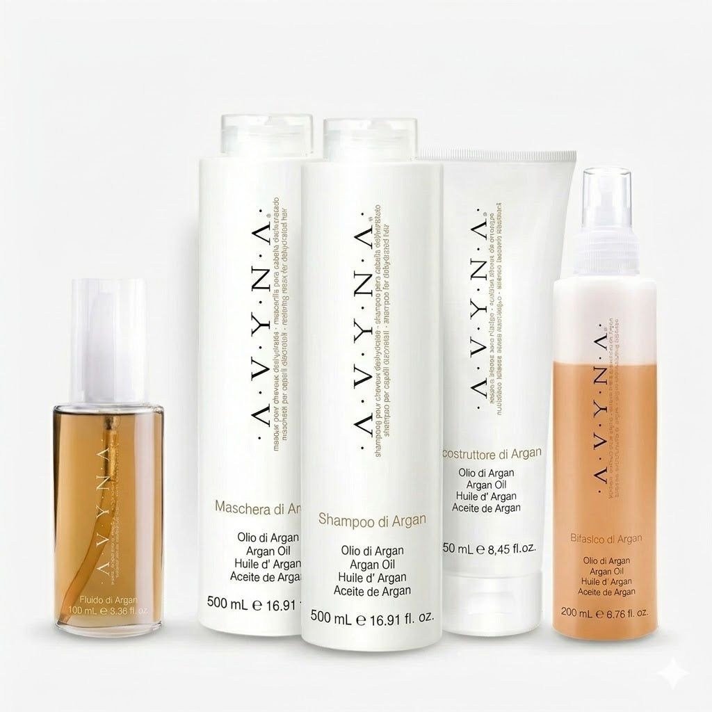 COMBO AVYNA ARGAN SHAMPOO + MASCHERA + RICOSTRUTTORE + FLUIDO + BIFÁSICO