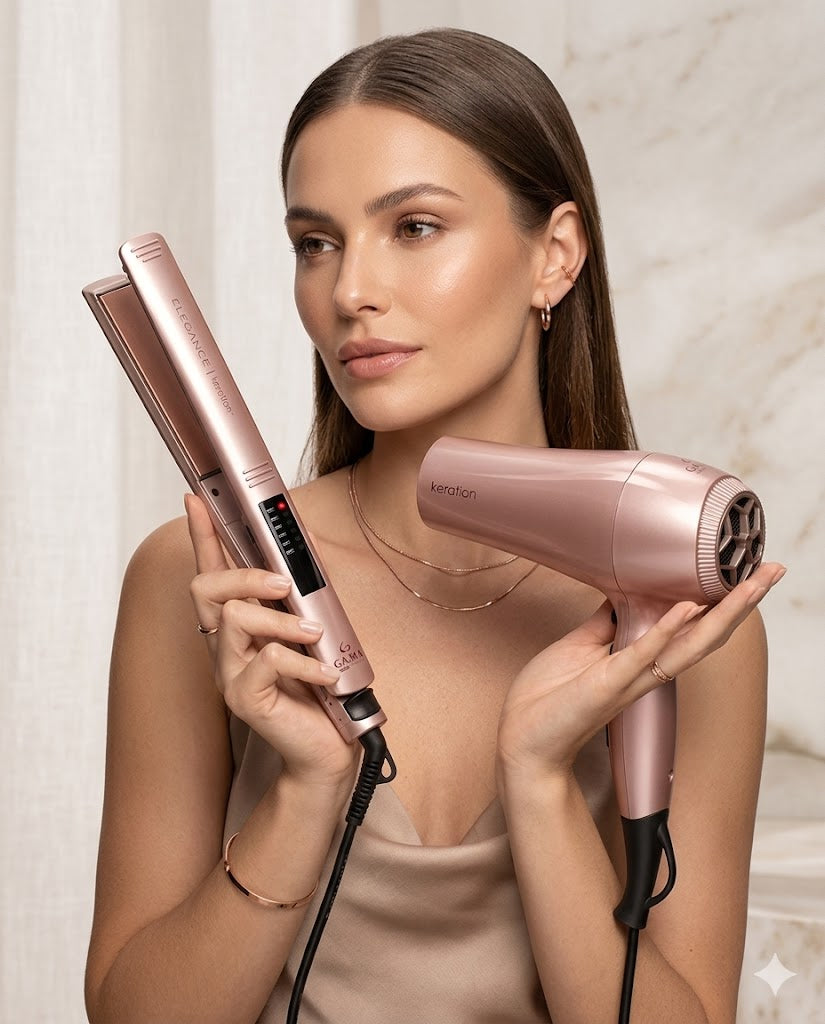Kit GAMA Keration Elegance Rose Gold – Plancha y Secadora Profesional