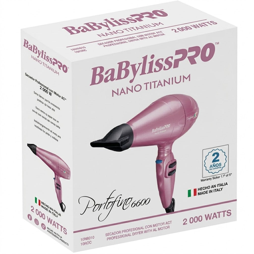 Secadora BaBylissPRO Portofino Pink 2000W Nano Titanium Motor Italiano Profesional