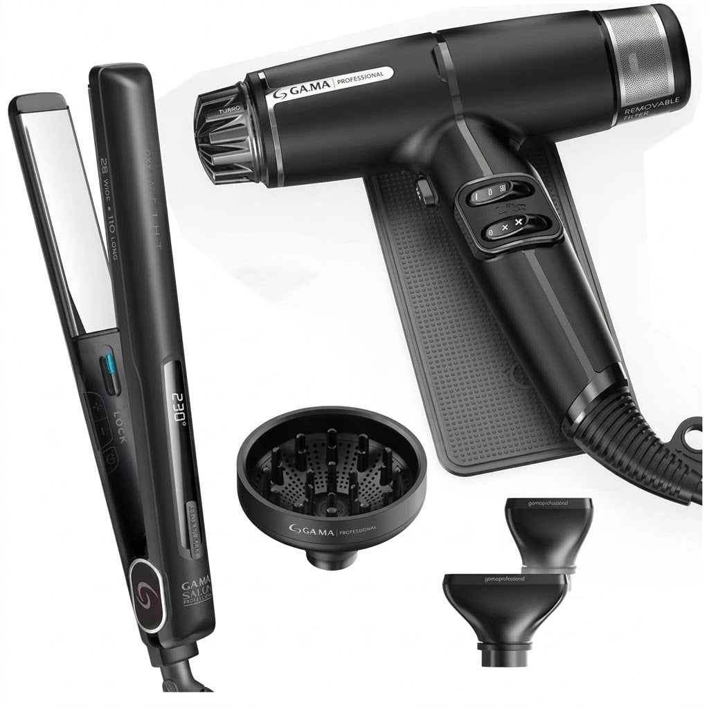 GAMA Italy Salon Exclusive Wide & Long + Secadora Profesional – Kit Profesional de Alisado y Secado