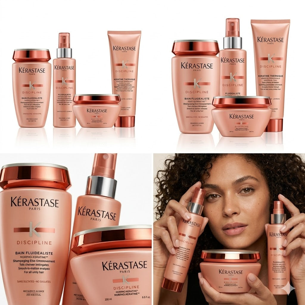 KÉRASTASE DISCIPLINE BAIN FLUIDEALISTE 250 ML + FLUIDEALISTE SPRAY 150 ML + MASKÉRATINE 200 ML + KÉRATINE THERMIQUE 150 ML