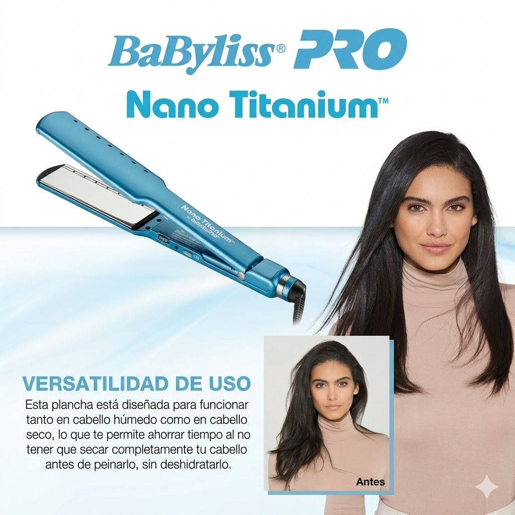 Plancha Alaciadora BaByliss Nano Titanium 1½" BNT5073 Cabello Húmedo y Seco Azul