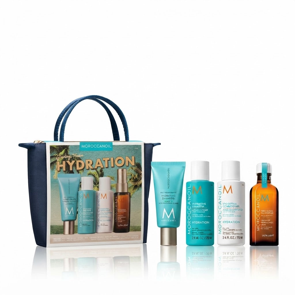 Kit Moroccanoil Hydration | Shampoo, Acondicionador, Tratamiento, Crema de Manos y Cosmetiquera