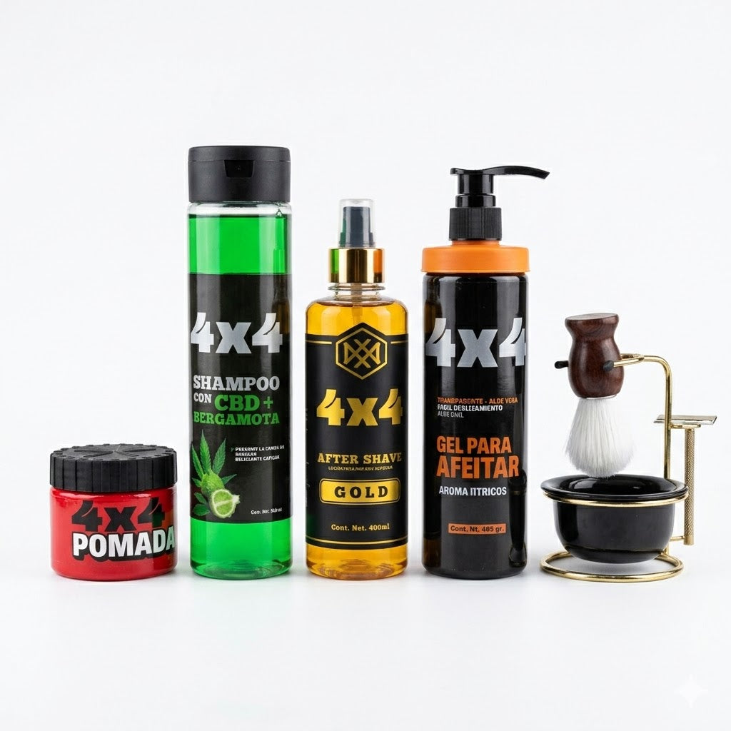 COMBO BARBER 4X4 SHAMPOO CBD + POMADA + AFTER SHAVE + GEL PARA AFEITAR + KIT DE AFEITADO