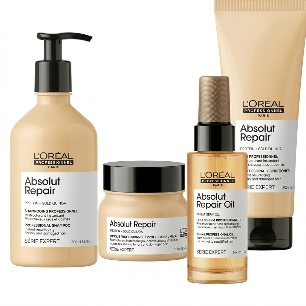 Sistema L'Oréal Absolut Repair Protein + Gold Quinoa – Shampoo, Mascarilla, Aceite y Acondicionador Reparador