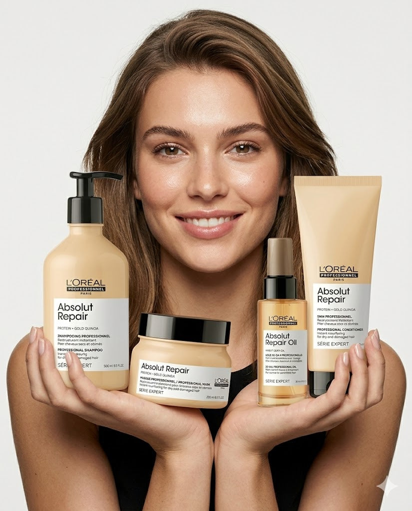 Sistema L'Oréal Absolut Repair Protein + Gold Quinoa – Shampoo, Mascarilla, Aceite y Acondicionador Reparador