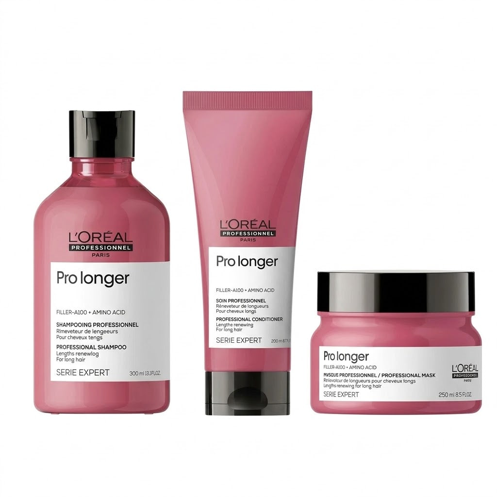 Trio L'Oréal Pro Longer Filler-A100 + Amino Acid – Shampoo, Acondicionador y Mascarilla Cabello Largo