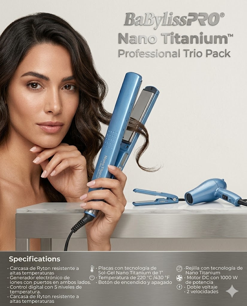 Combo BaByliss Plancha Mini + Secadora Mini Nano Titanium Viaje Portátil