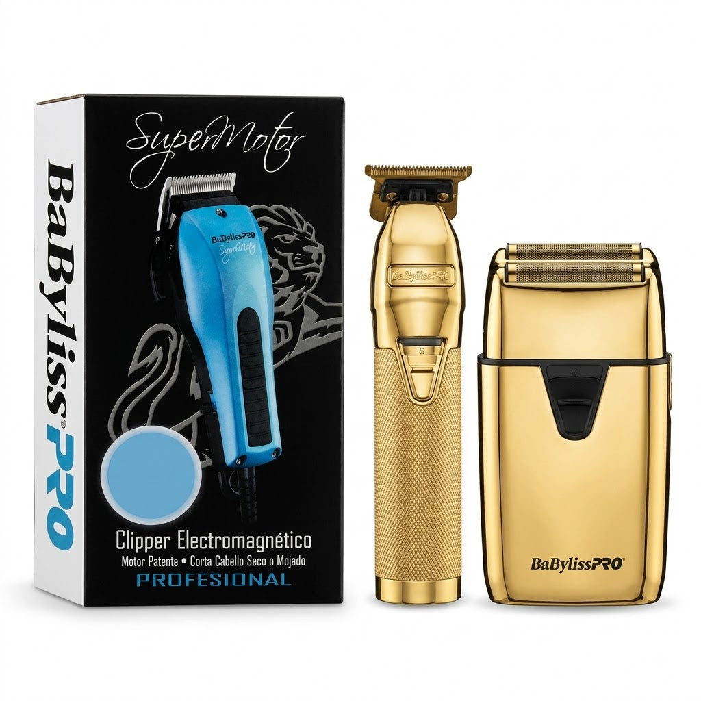 BABYLISS PRO TRIMMER GOLD + SHAVER GOLD + CLIPPER SUPERMOTOR GRATIS El combo profesional para dominar cortes, detalles y acabados de barbería.